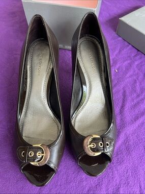Ann Taylor Chocolate Brown Patent Leather Peep-Toe Heels with Gold Buckle